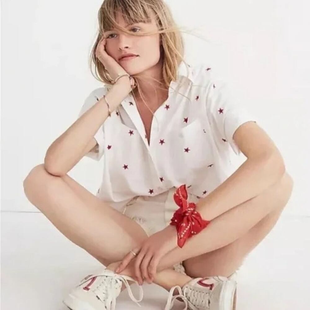 Madewell White Cotton Courier Shirt Red Stars American Size MEDIUM